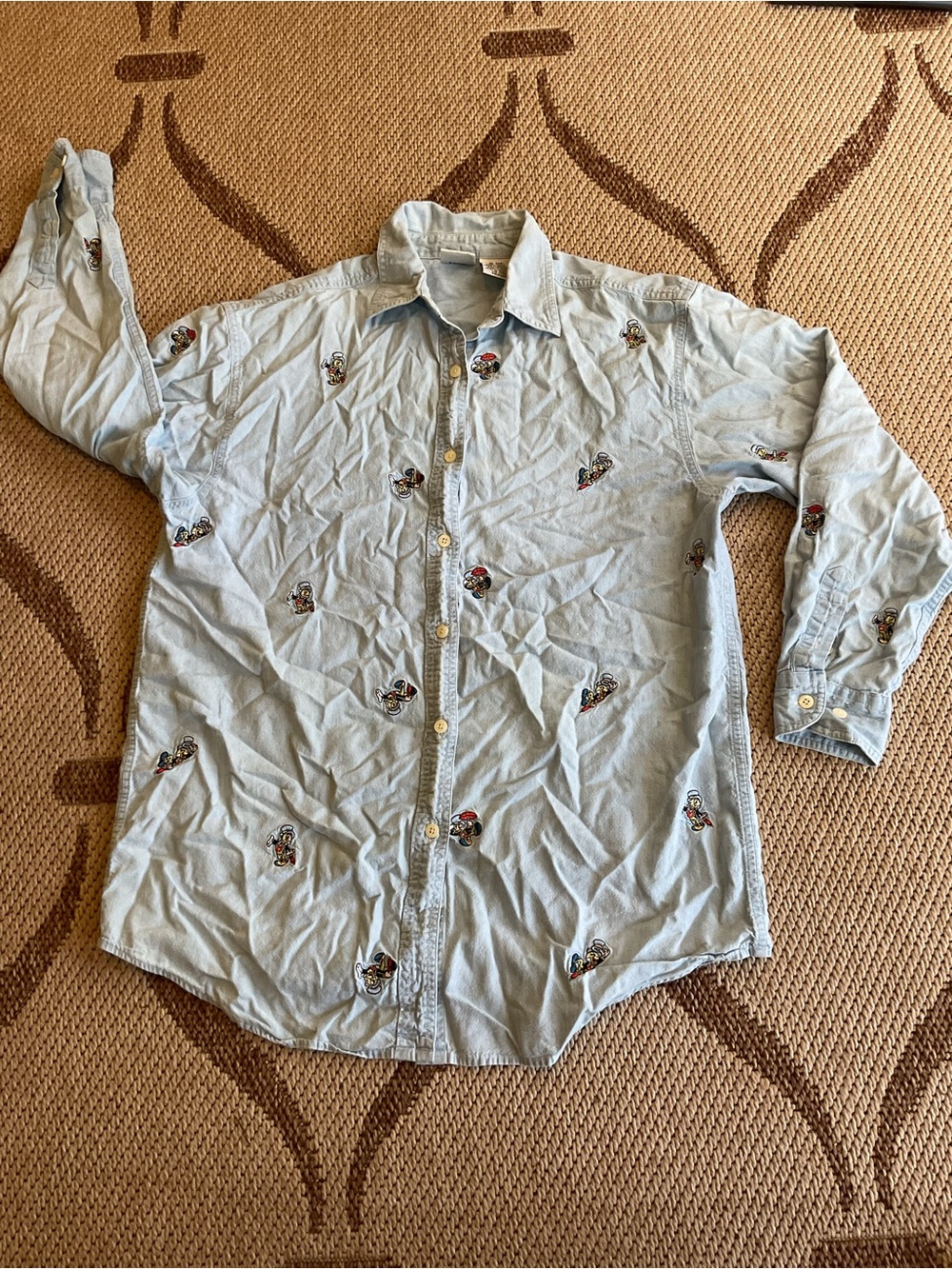 Vintage 1999 Disney Light Blue Cotton Button-Up Shirt with Embroidered Detail